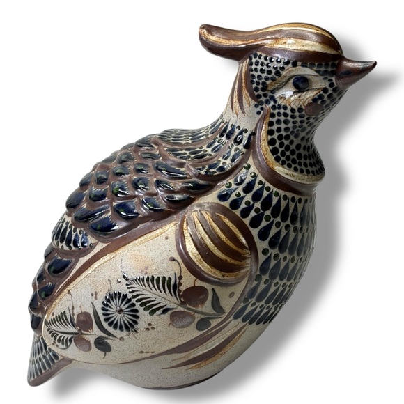 Vintage Tonala Mexican Pottery Hand Painted Large Quail Bird Signed by Artist 9